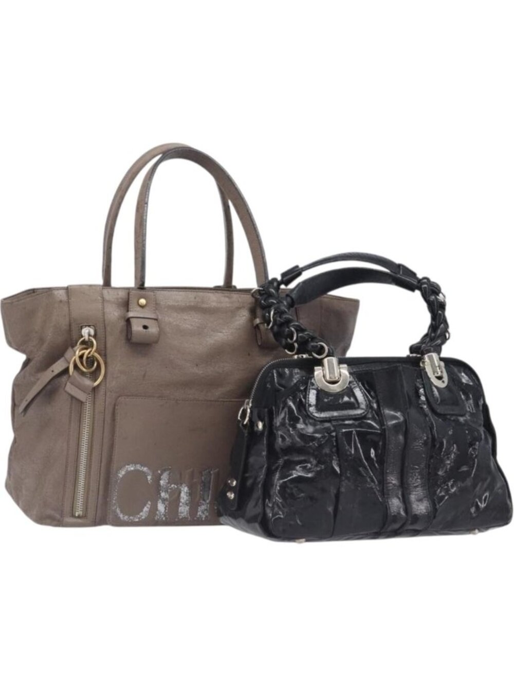 Chloe Tote Bag Leather 2 Set Black Beige